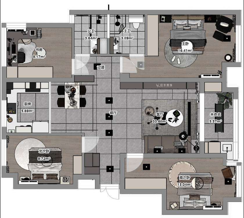 孟宪涛｜融创臻园15-1005-120㎡-简约风格｜4室2厅2卫｜新房装修｜定制家｜全包16万｜00_03平面彩图